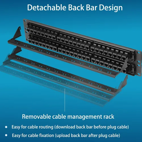 Miniatura 8 de Rapink Panel de parches Cat6 de 48 puertos con soporte Keystone 10G en línea, acoplador de paso UTP de 19 pulgadas, barra trasera extraíble, red 1U
