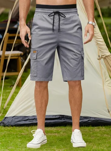 Miniatura 3 de JMIERR Pantalones cortos de sarga para hombre con cordón de algodón clásico elástico con 6 bolsillos