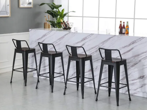Miniatura 6 de Taburetes de bar de metal con respaldo, juego de 4 taburetes de altura de encimera de cocina con asiento de madera de 24 pulgadas, negro mate