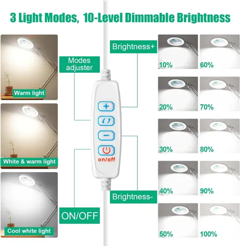 Miniatura 5 de Lámpara de lupa 10X con luz y soporte, lámpara de lupa LED 2 en 1, lupa con luz de 3 colores y atenuación sin escalones, lámpara de lupa de vidrio