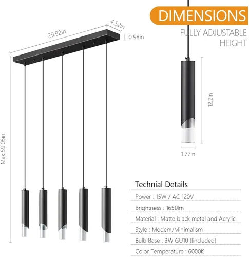 Miniatura 5 de Lámpara colgante moderna de 5 luces para isla de cocina, regulable, LED, negro, mini luces colgantes, comedor, cocina, iluminación colgante ajustable