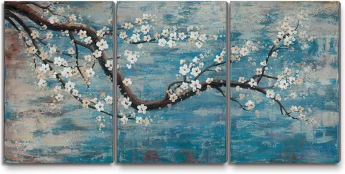 Miniatura 9 de AMATOP Arte de pared turquesa 100% pintado a mano, pintura al óleo de paisaje forestal en lienzo, obra de arte enmarcada original, pájaro dorado