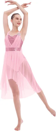 Miniatura 7 de IBAKOM Disfraces de baile lírico para mujer, vestido de baile contemporáneo con lentejuelas brillantes, vestido de baile fluido de gasa