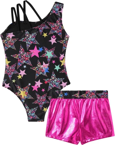 Miniatura 6 de Gymnastics Leotards for Girls Shiny Dancewear with Matching Shorts Two-Piece Set Activewear