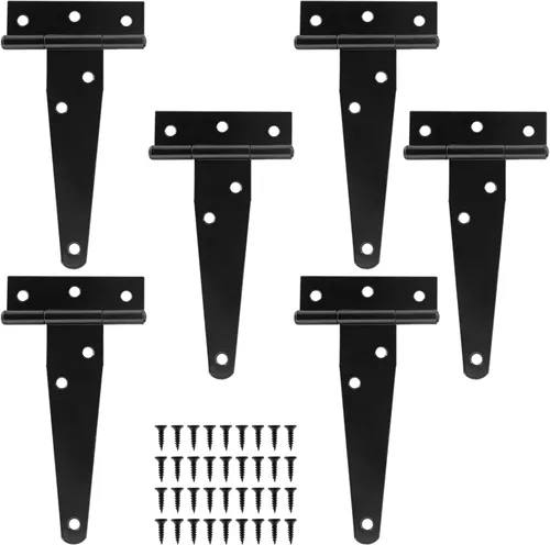 Murtenze Paquete de 6 bisagras negras de 4 pulgadas con correa en T, bisagras de puerta de granero, bisagras en T para puerta de granero, cobertizo