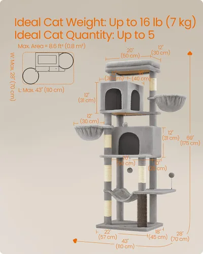Miniatura 5 de Feandrea Árbol para Gatos, Torre para Gatos de 69 Pulgadas de Alto para Gatos de Interior, Condominio para Gatos de Múltiples Niveles con 2 Cuevas