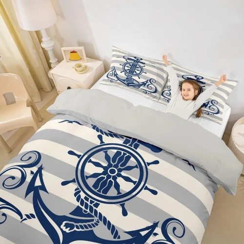Miniatura 20 de Erosebridal Funda de edredón de ancla náutica, juego de ropa de cama con brújula oceánica, tamaño individual para niños, adolescentes, adultos