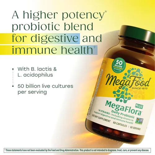 Miniatura 3 de MegaFood MegaFlora Probiotic Plus - Probióticos para mujeres y hombres Salud digestiva - 50 mil millones de UFC y 14 cepas - Suplemento de apoyo