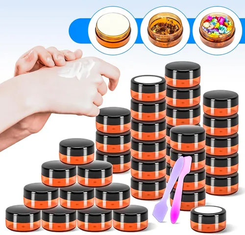 Miniatura 6 de Paquete de 50 de 10 g pequeños contenedores de cosméticos de plástico con tapas, frascos de maquillaje de 10 gramos de color ámbar con espátulas