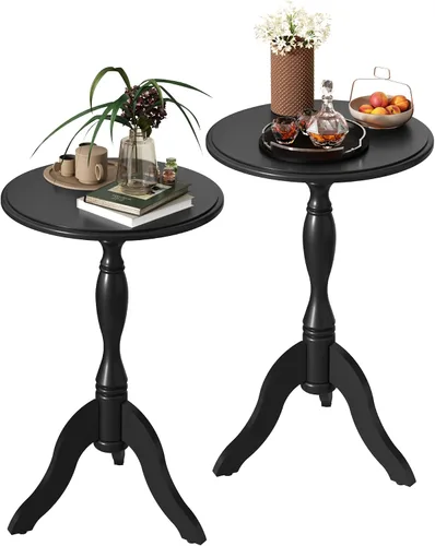 Miniatura 20 de HLR Mesa auxiliar redonda pequeña, mesas auxiliares laterales con pedestal de madera, mesita de noche vintage para sala de estar, dormitorio, Negro