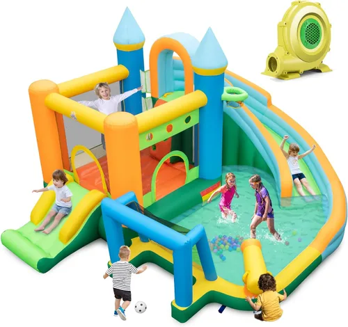 Miniatura 13 de HONEY JOY Tobogán acuático inflable, casa de rebote de agua gigante 8 en 1 y parque acuático con toboganes, escalada, piscina de chapoteo, toboganes