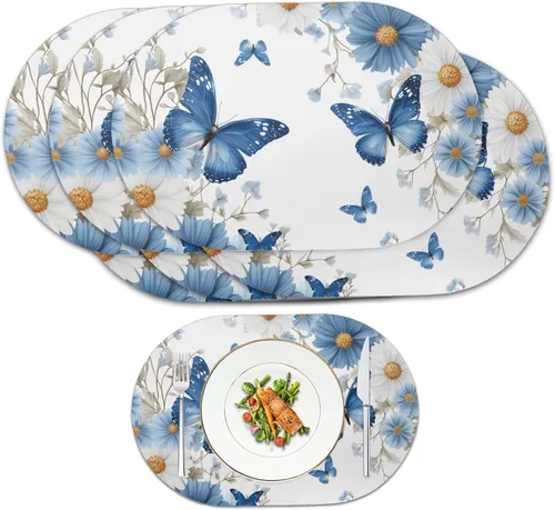 Miniatura 25 de Blue Flower Dining Table Mats Set of 2 Hummingbird Heat Resistant Placemats Washable and Wipeable Non Slip Place Mat, Waterproof Modern Dining Table