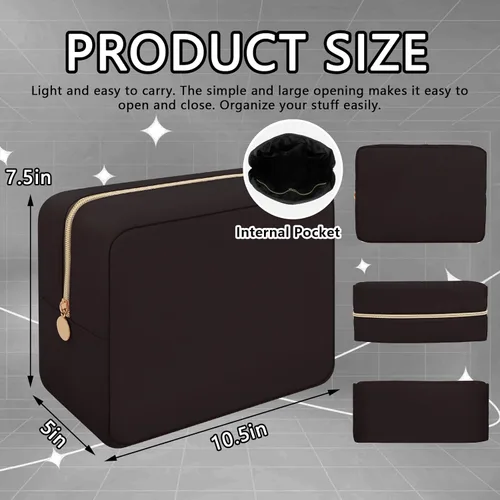 Miniatura 2 de Iqimott Bolsa de Maquillaje Grande de Nylon, Estuche de Viaje Preppy, Bolsa de Cosméticos Grande Organizadora de Maquillaje de Nylon, Bolsa de Negro