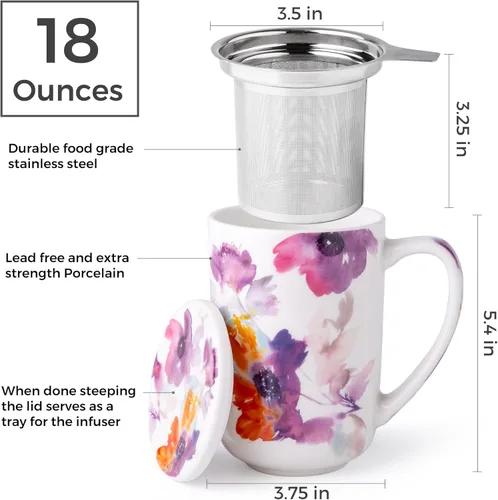 Miniatura 3 de AmorArc Taza de Té de Porcelana con Infusor y Tapas, Taza Grande de 18 Oz con Colador y Soporte para Bolsa para Té de Hojas Sueltas, Taza de Café