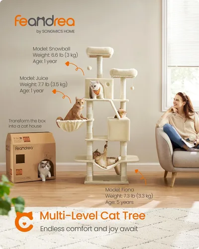 Miniatura 2 de Feandrea Árbol para gatos, torre grande para gatos de 66.1 pulgadas, condominio de felpa de varios niveles con 13 postes rascadores, 2 perchas, 2