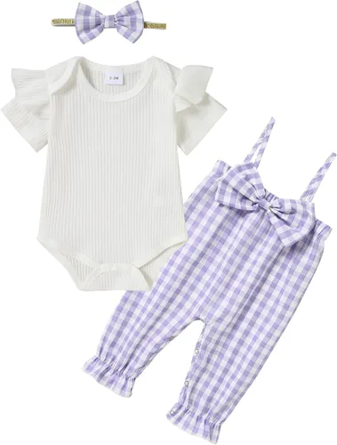 Miniatura 8 de SOLOYEE Baby Girl Clothes Girls Outfit Short Sleeve Top+Suspender Pants+Bow Headband Baby Girl Clothing