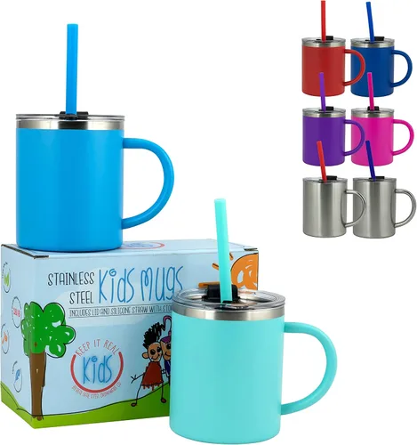 Real Deal Steel "Keep it Real Kids Mugs - Taza de café para niños 100% sin plomo y BPA para chocolate caliente - Juego de 2 Azul océano/azul turquesa
