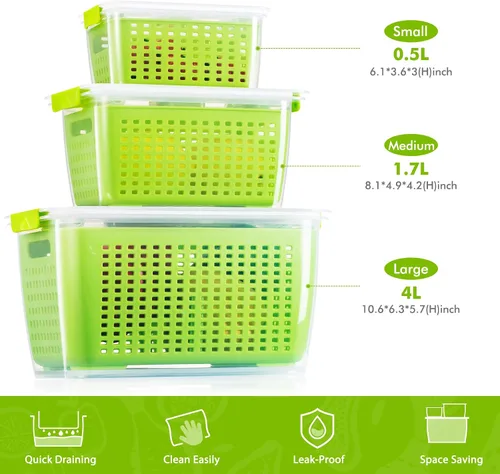 Miniatura 2 de LUXEAR Contenedores para productos para refrigerador, juego de 3 recipientes de frutas con colador extraíble, recipientes sin BPA con tapas, aptos