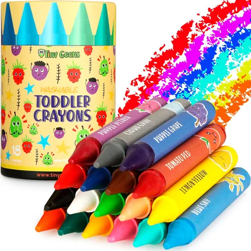 TinyGeeks Crayones jumbo (18 colores) – Crayones no tóxicos, lavables para niños pequeños y niños (de 1 a 8 años) – Fácil de sostener – Ideal para