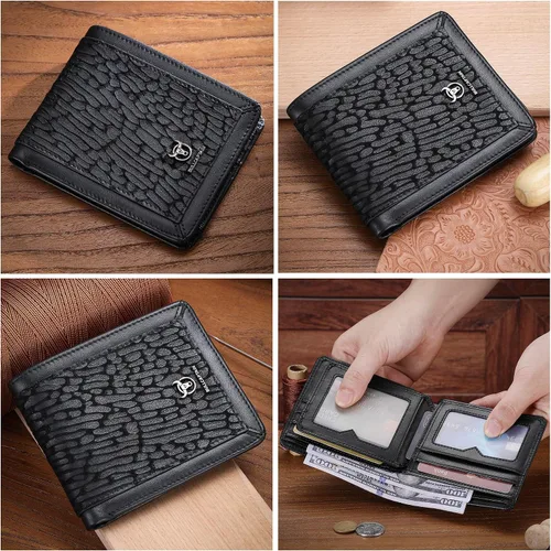 Miniatura 70 de LUKZIJAES Billetera de cuero genuino para hombre, con bloqueo RFID, delgada, plegable, bolsillo frontal, #3-Café, Vintage