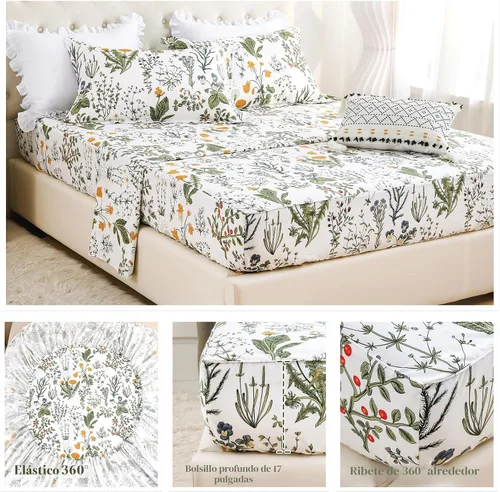 Miniatura 6 de Lady Ann Sábanas florales tamaño King 100% algodón, diseño de flores amarillas y hojas con estampado botánico de plantas, bolsillos profundos, ropa