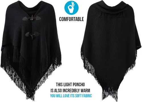 Miniatura 3 de Ferand Poncho de ajuste holgado para mujer con botones de cuerno elegantes, cuello en V y dobladillo en V