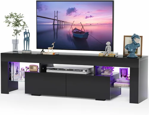 Miniatura 8 de JUMMICO Soporte de TV, centro de entretenimiento LED, soporte de TV para juegos para TV de más de 65 pulgadas, parte superior de fibra de carbono