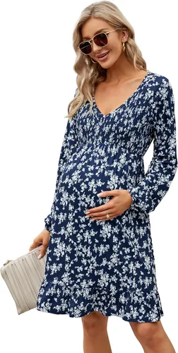 Coolmee Vestido de maternidad de manga corta con volantes y cuello en V para mujer, vestido de verano casual fruncido fluido para baby shower,