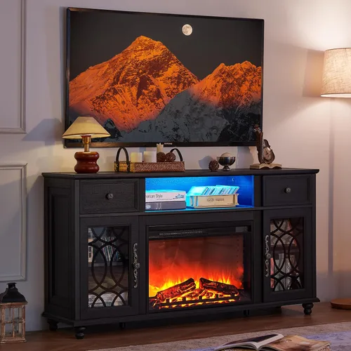 Miniatura 8 de Joaxswe - Soporte de TV estilo rústico con chimenea, centro de entretenimiento de 59 pulgadas con chimenea eléctrica y luces LED para televisores