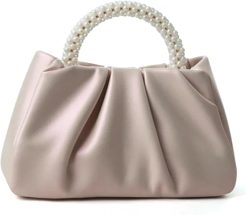 Miniatura 11 de Beatfull Bolso de noche para mujer, bolso de mano pequeño con perlas de cuero suave, bolso fruncido para boda, novia, fiesta, baile de graduación