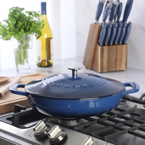 Miniatura 4 de Martha Stewart Gatwick Enameled Cast Iron Braiser with Lid, 3.5-Quart Braiser Pan for Stovetop & Oven, Cast Iron Braising Pan, Blue