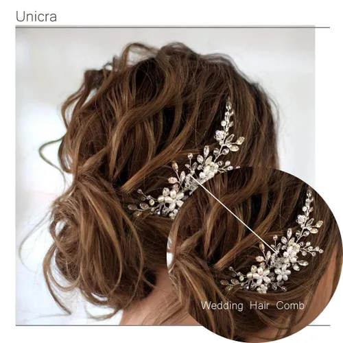 Miniatura 3 de Unicra Peine para el cabello de boda con flores de novia, peine lateral plateado, accesorio para el cabello para mujeres y niñas (dorado)