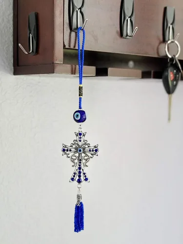 Miniatura 3 de LUCKBOOSTIUM Adorno colgante con dije de cruz con centro de mal de ojo y cristal azul y borlas, letrero para buena suerte, salud y protección