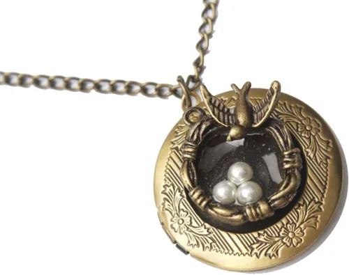 Miniatura 3 de Collar de medallón de pájaro. Collar de nido de pájaro, collar de bronce. Collar de medallón con dije de pájaro, Metal