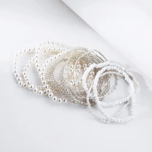 Miniatura 5 de Caiyao Juego de pulseras elásticas de perlas de imitación para mujer, multicapa con cuentas bohemias de semillas de arroz, hilo de perlas apilable