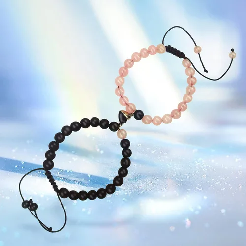 Miniatura 25 de 2 pulseras magnéticas para parejas, piedra natural negra mate, cristal para votos de amor eterno, juego de pulseras de cuentas de piedra de energía