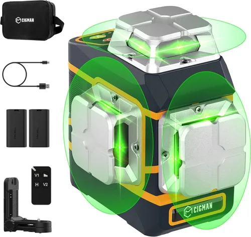 CIGMAN Nivel láser CM-801 Nivel láser autonivelante 3 x 360 ° 3D Línea cruzada verde para decoración y colgar cuadros con dos baterías recargables,