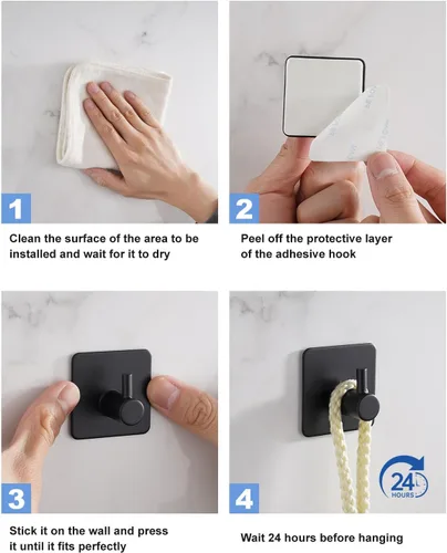 Miniatura 4 de Paquete de 4 ganchos adhesivos, gancho negro para toallas para baños, gancho de pared de acero inoxidable resistente, gancho impermeable para colgar