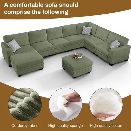 Miniatura 43 de Legend Vansen Sofá Seccional Modular de Gran Tamaño, Sofá en Forma de U de 7 Asientos con Otomana, Sofá de Pana con Asiento Profundo, Sofás Crema