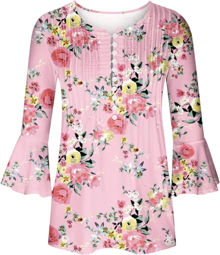 Miniatura 45 de Ceboyel Blusa tipo túnica con estampado floral para mujer, con botones, estilo Henley, con manga de codo, casual, trajes de moda para mujer
