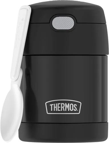THERMOS Funtainer - Tarro de alimentos aislado de 10 onzas, tarro de comida para niños con cuchara plegable, color negro