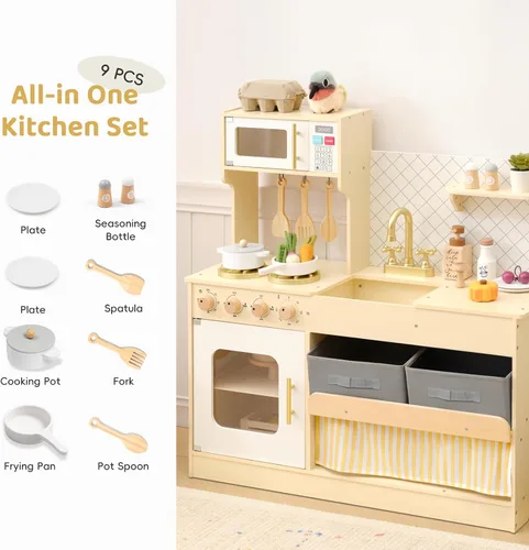 Miniatura 3 de OOOK Juego de cocina de madera con sistema de almacenamiento, cocina para niños con muchas características de juego, juego de cocina para niños