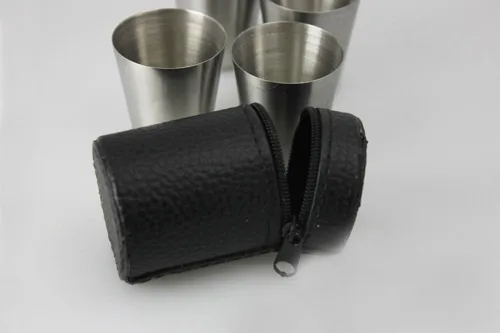 Miniatura 5 de Yueton® Juego de 4 vasos de chupito de acero inoxidable con estuche de transporte de cuero negro (1.0 fl oz)