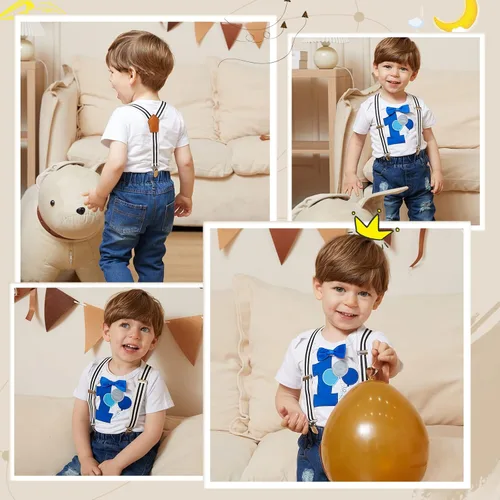 Miniatura 29 de Conjunto de ropa de cumpleaños para bebé niño pequeño, con tirantes, pantalones de mezclilla rasgados