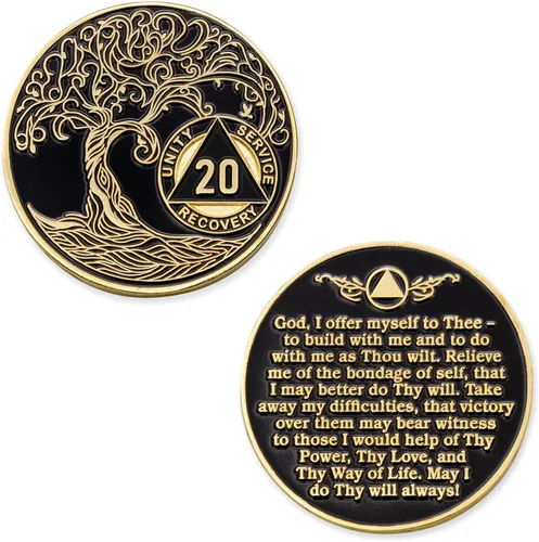 Miniatura 3 de 20 Year Sobriety Mint Twisted Tree of Life - Medallón de recuperación AA chapado en oro, fichas y fichas, color negro