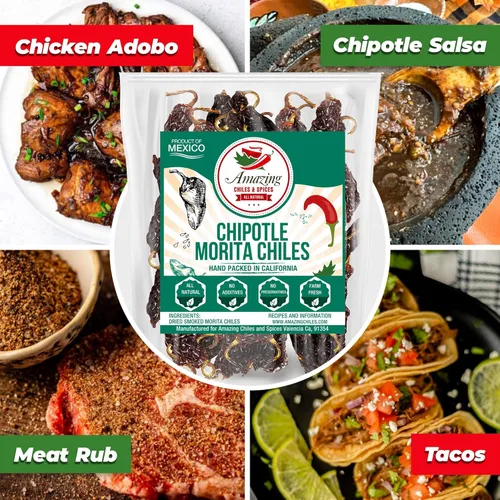Miniatura 2 de Pimientos secos Chipotle Morita Chile 16 oz – Sabor ahumado robusto, uso para recetas mexicanas, topo, salsas, tamales, salsa, carnes, guisos. Calor
