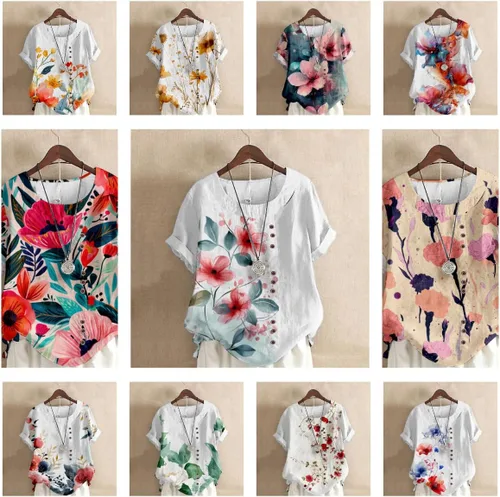 Miniatura 5 de domirica Camisetas de verano para mujer 2024 con estampado de flores, algodón, lino, manga corta, cuello redondo, camisas casuales de moda