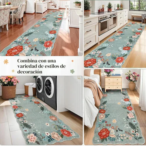 Miniatura 7 de Alfombra Corredora Verde, Alfombras Lavables de 3x10 para Pasillos Antideslizantes, Alfombra de Pelo Bajo Suave con Diseño Floral Boho para Pasillo