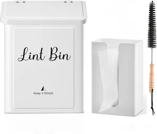Miniatura 8 de SUBEKYU Contenedor magnético de pelusa con tapa de bambú y soporte para hojas de secadora para lavandería, cubo de basura de metal con tapa y caja