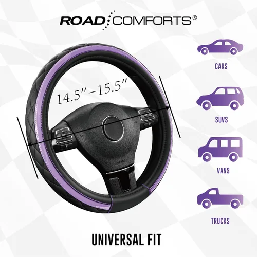 Miniatura 7 de Road Comforts Funda de Volante de Cuero – Negro y Morado, Ajuste Universal 14.5-15 Pulgadas, Cuero de Microfibra, Diseño Antideslizante y Púrpura